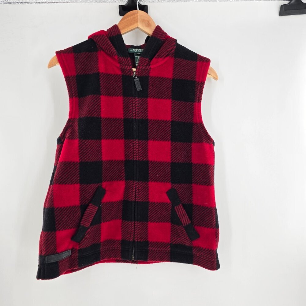 LRL Ralph Lauren Womens Vest PETITE MED Red Fleece Buffalo Check Hooded Full Zip